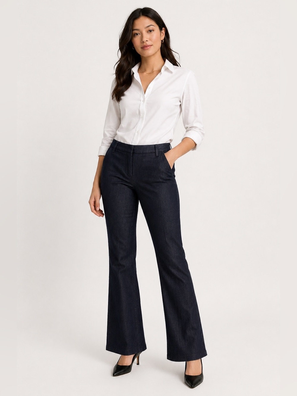 Petite Dark Wash Stretch Pants • Flare Leg Career Work Office Trouser Denim 6P